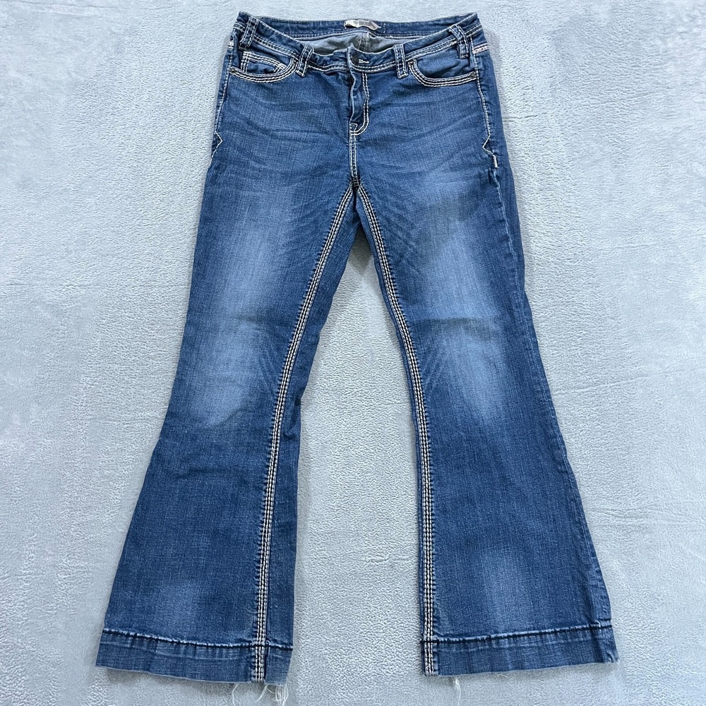 Rock & Roll Denim Trouser Jeans Womens 34x32*‎ Blue Distressed Flare Wide Leg